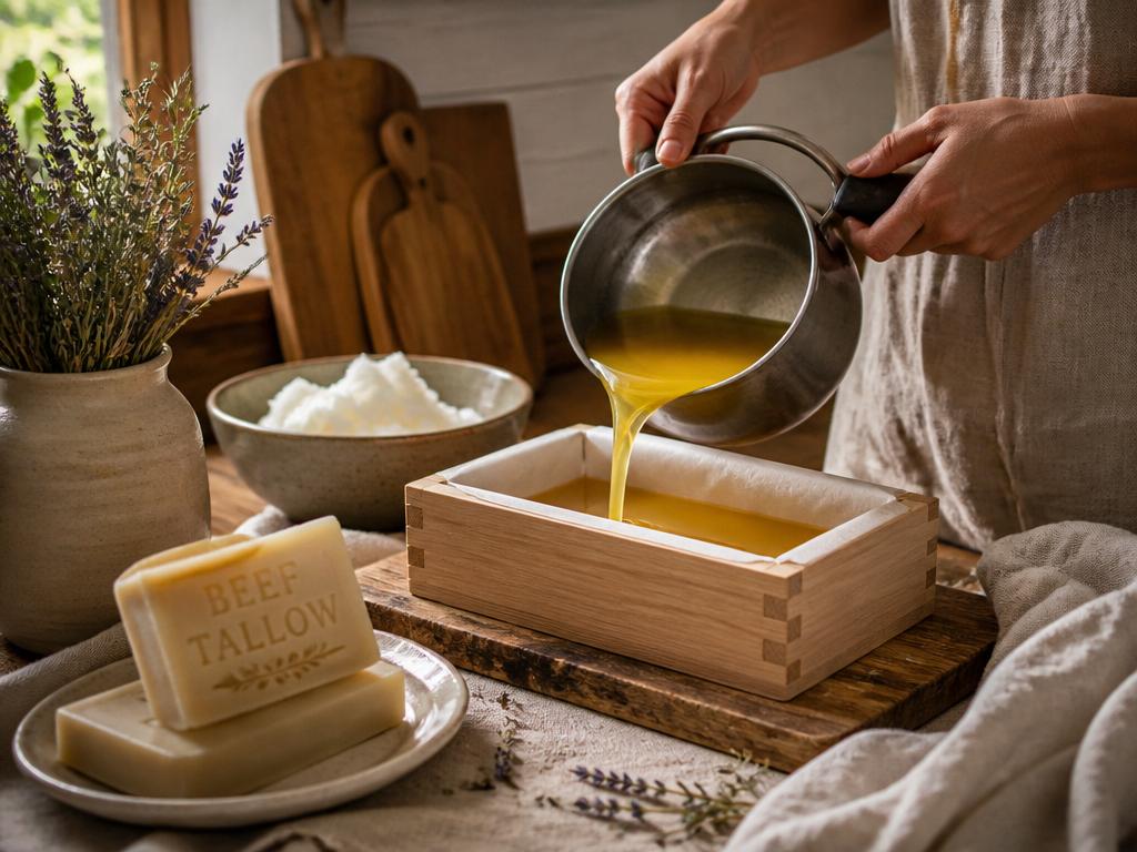 Hand-pouring tallow into a small batch soap mold