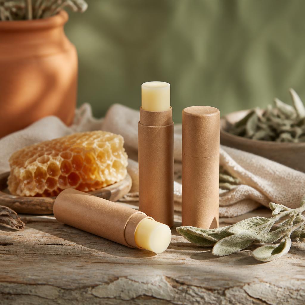 Three natural lip balm tubes in kraft paper with honeycomb and sage