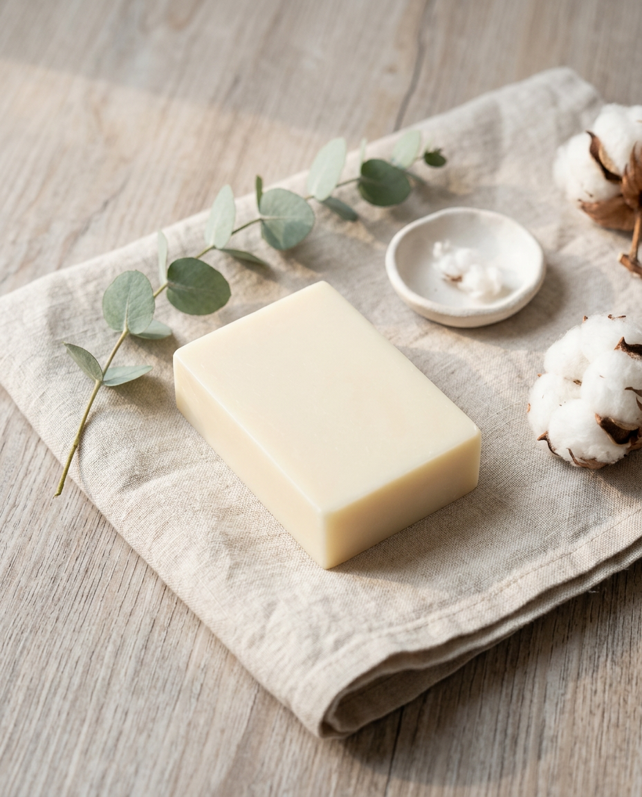 Unscented allergy friendly tallow soap bar on linen