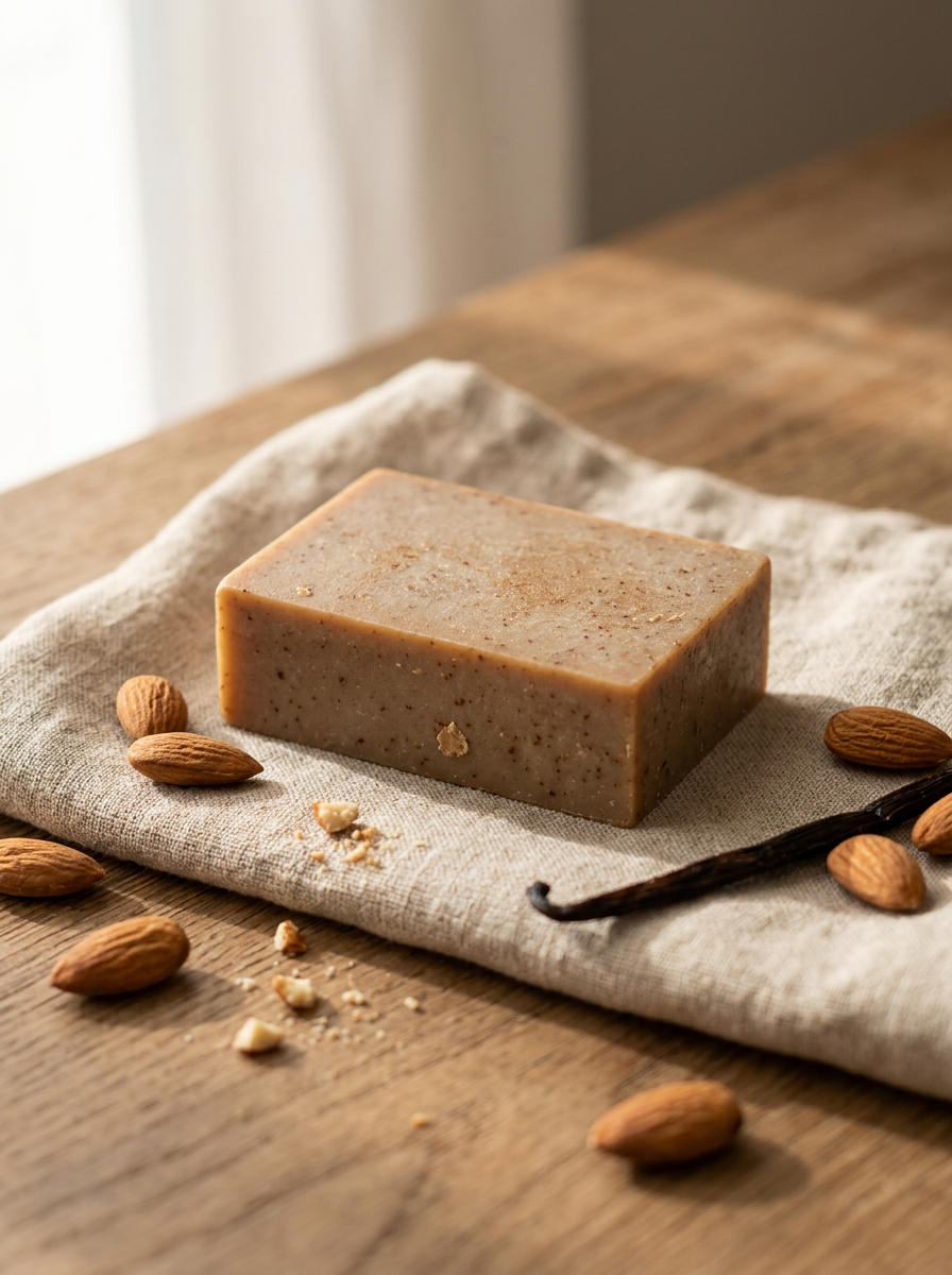 Almond exfoliating tallow soap bar with whole almonds and vanilla bean