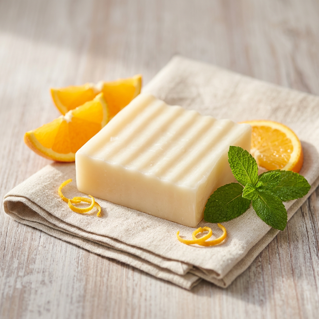 Creamy tallow soap bar on natural linen, styled with orange slices and fresh mint