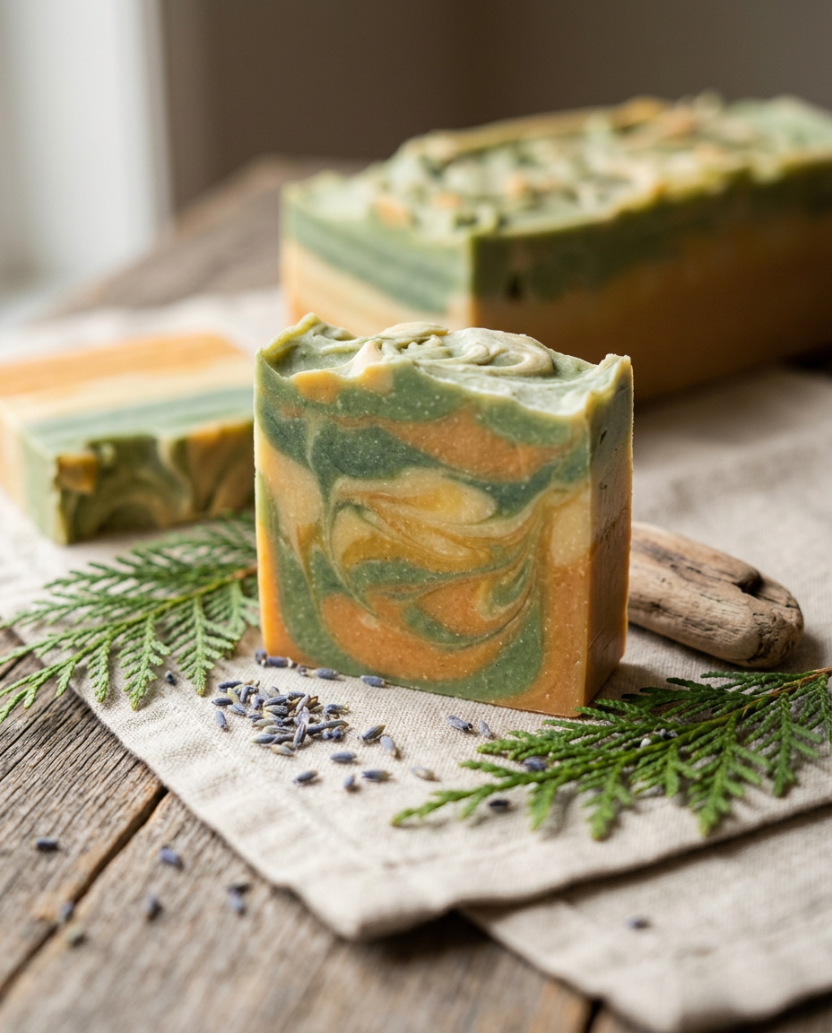 Tallow soap bar with green, golden, and orange swirls on natural linen, styled with cedar sprigs and lavender buds